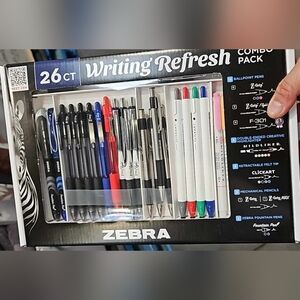 Zebra Pens Combo Pack Writing Refresh 26 Count Z-Grip ClickArt Fountain Pen, new